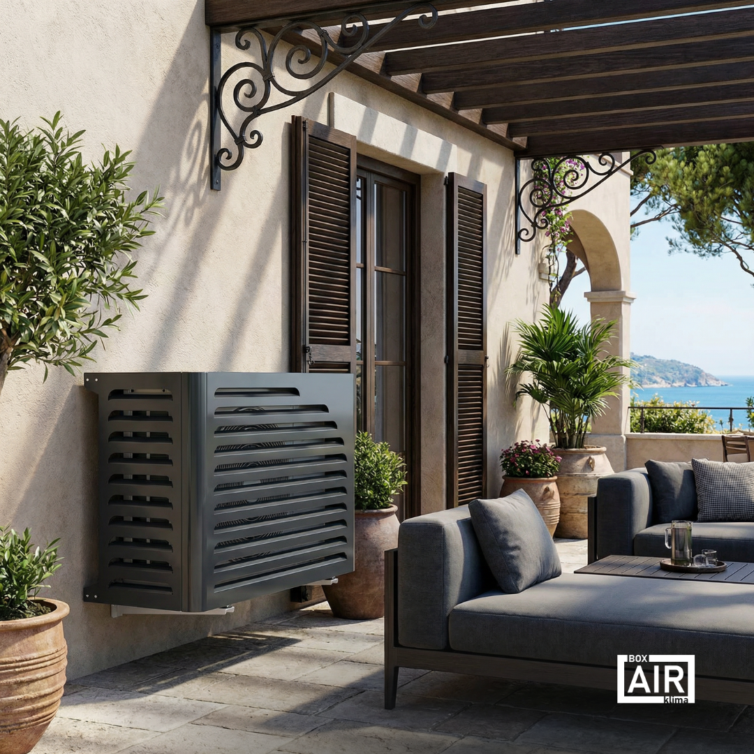 Copertura Curve antracite Box Air Klima per unità esterne di condizionatori e pompe di calore, ideale per migliorare estetica e protezione negli spazi outdoor.
