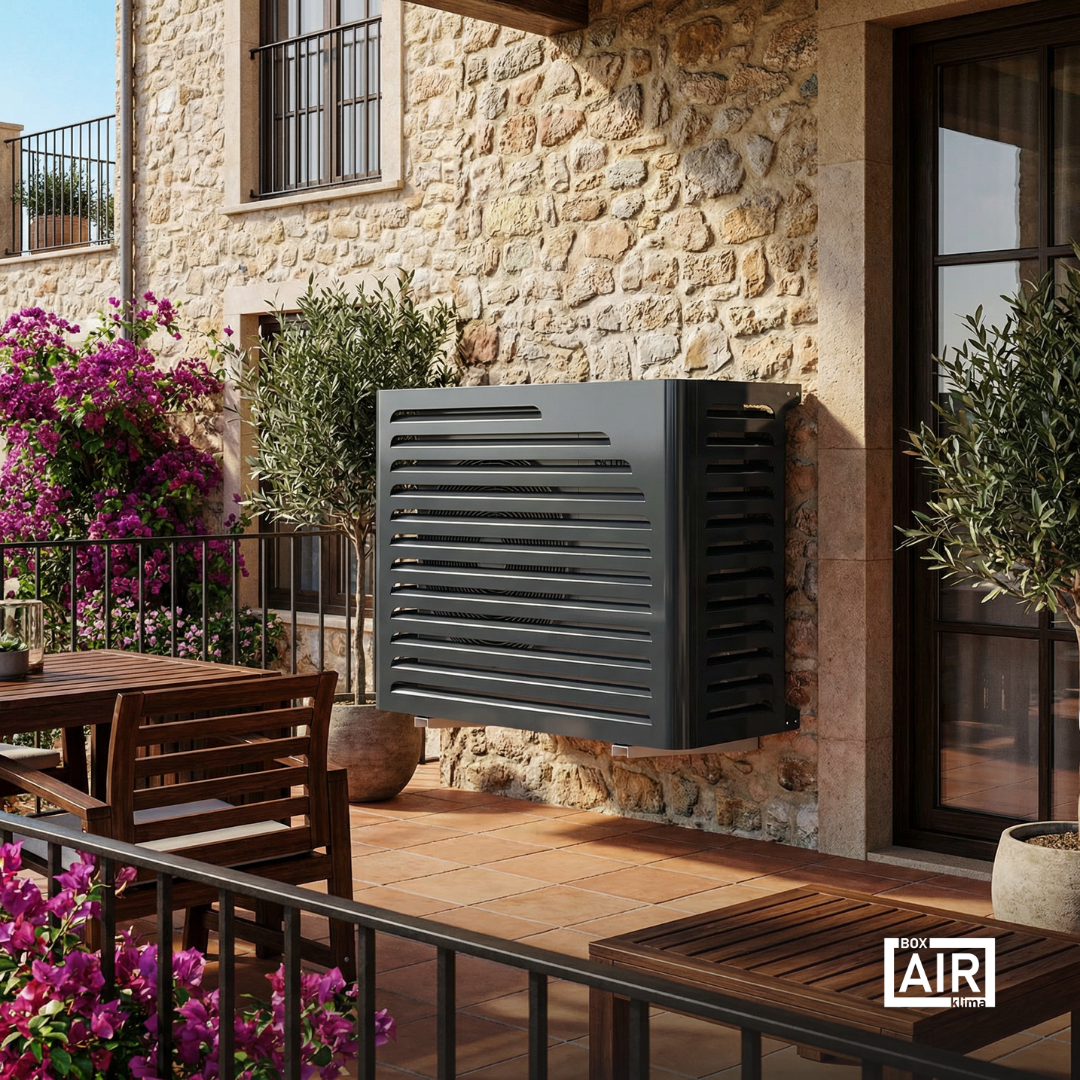 Anthracite Curve cover by Box Air Klima to protect outdoor air conditioners and heat pumps from weather, while preserving airflow and efficiency.
