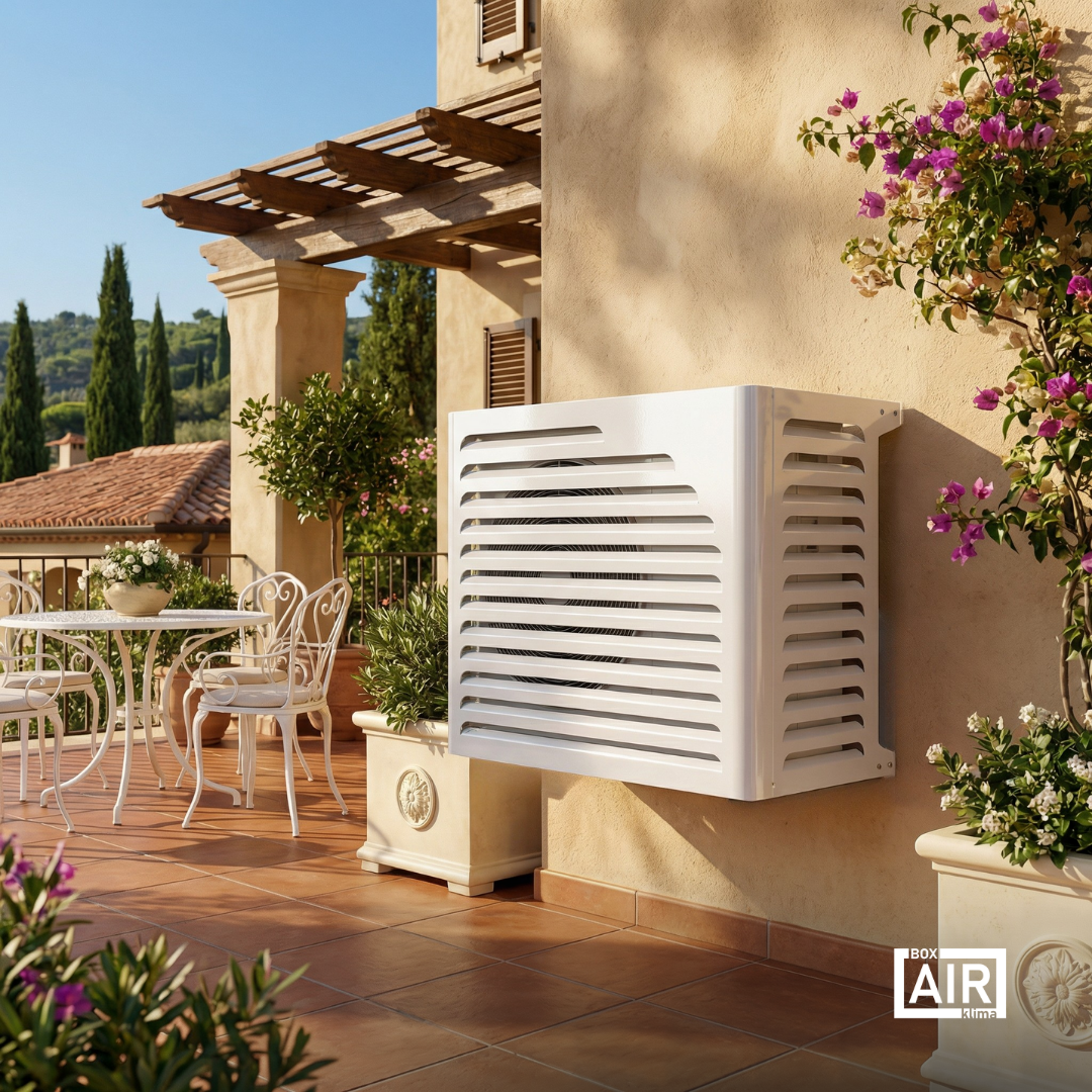 Copertura Curve bianca Box Air Klima per unità esterna di condizionatore e pompa di calore, ideale per schermare l’impianto e migliorare l’ordine visivo in terrazzo o giardino.