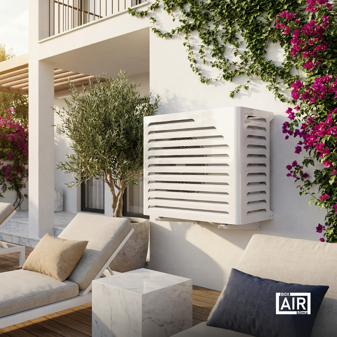 Weiße Curve Abdeckung von Box Air Klima für Außengerät einer Klimaanlage und Wärmepumpe, Schutz vor Witterung, Schmutz und direkter Sonneneinstrahlung.