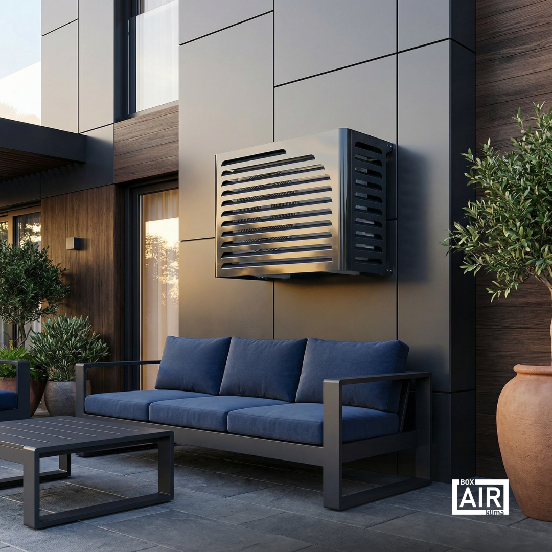 Anthrazitfarbene Curve Abdeckung von Box Air Klima für Klimaanlagen und Wärmepumpen, Schutz vor Regen, UV und Schmutz.