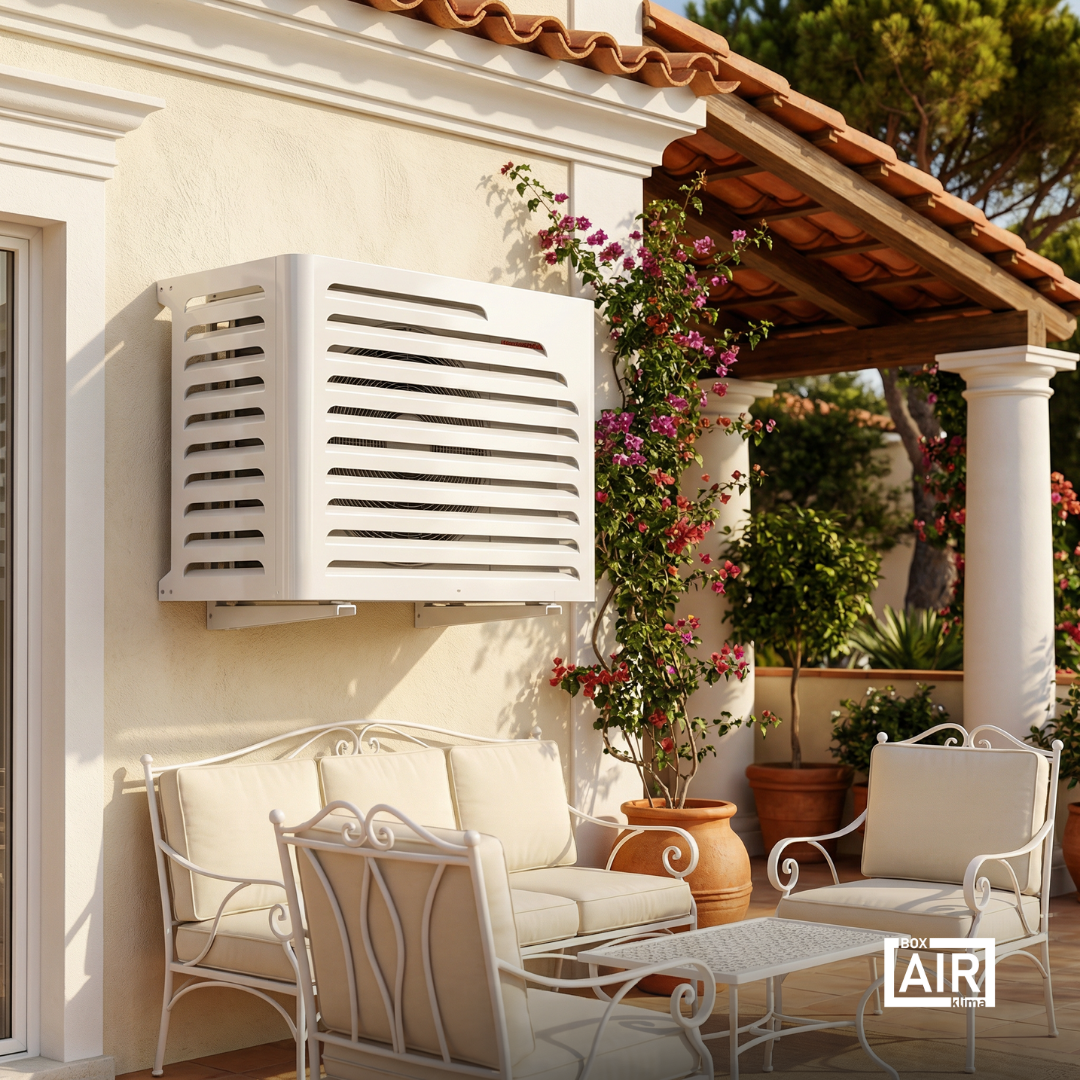 Cache clim extérieur blanc Curve, solution design pour façade et terrasse: protège le groupe extérieur tout en laissant l’espace nécessaire à la circulation d’air.