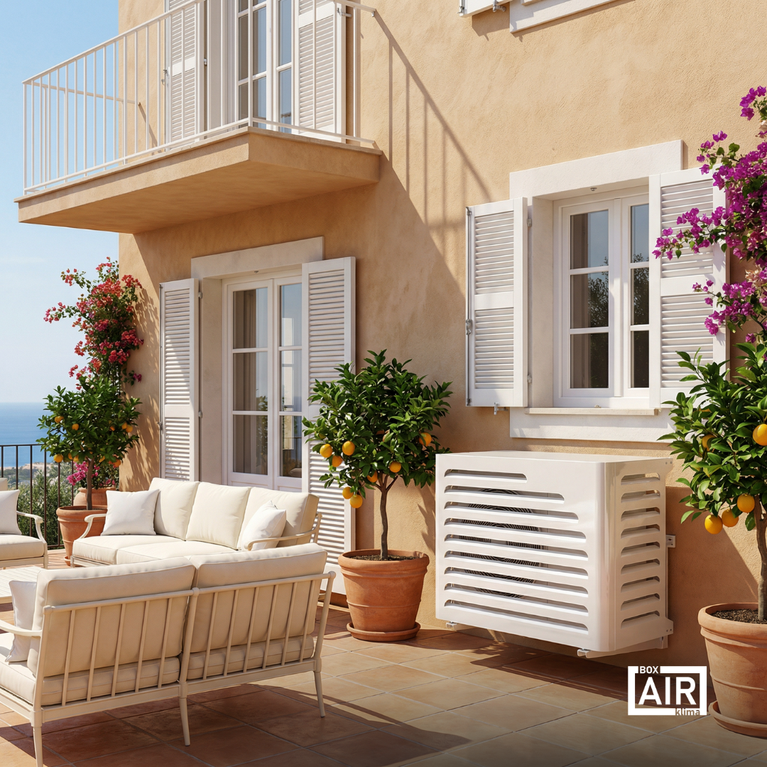 Box Air Klima Curve in Weiß, Schutzabdeckung für Klimaanlage außen und Wärmepumpe, mit ausreichendem Luftabstand für eine korrekte Belüftung.