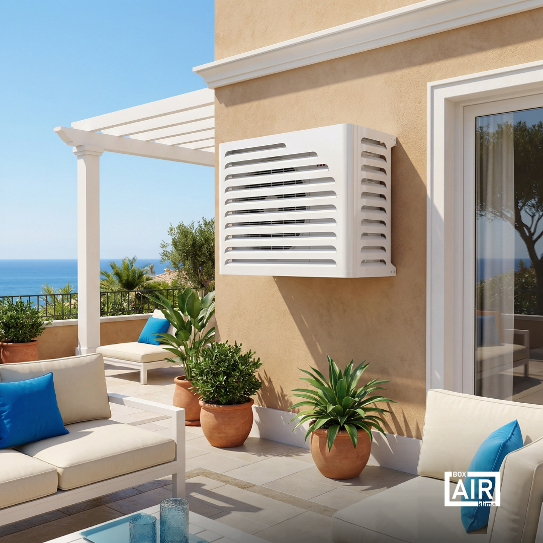 Cache clim extérieur Curve blanc Box Air Klima pour unité extérieure et pompe à chaleur, conçu pour protéger des intempéries et préserver la ventilation.