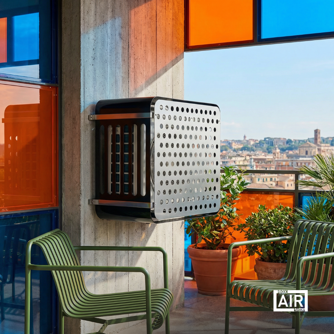 HiFi outdoor HVAC cover in anthracite by Box Air Klima to reduce visual impact and improve architectural harmony around technical units.