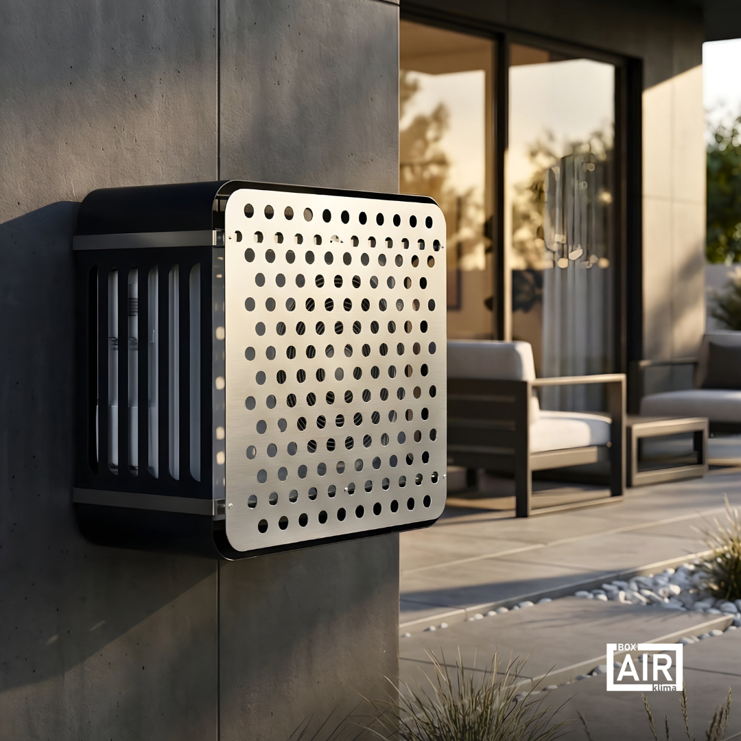 Copertura HiFi antracite Box Air Klima per unità esterna di condizionatori e pompe di calore, progettata per protezione e integrazione estetica.