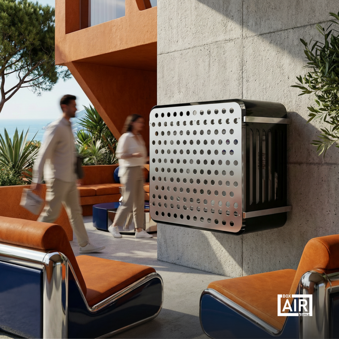 Anthrazitfarbene HiFi Abdeckung von Box Air Klima per Klimaanlagen und Wärmepumpen, Schutz vor Witterung und UV.