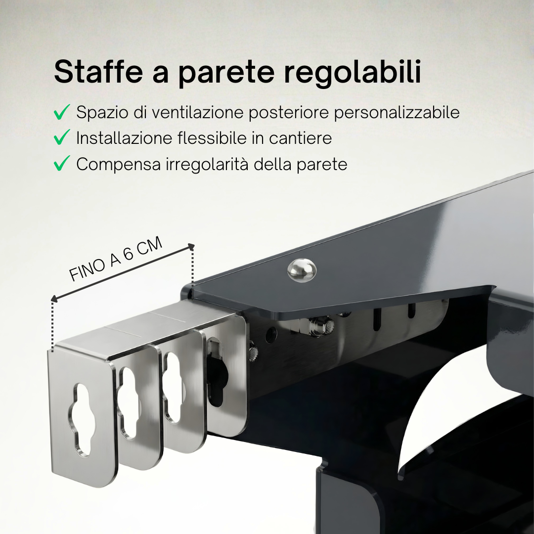 Adjustable wall mounts for the Box Air Klima Blade cover in anthracite, with up to 6 cm rear adjustment for optimized ventilation and installation flexibility.