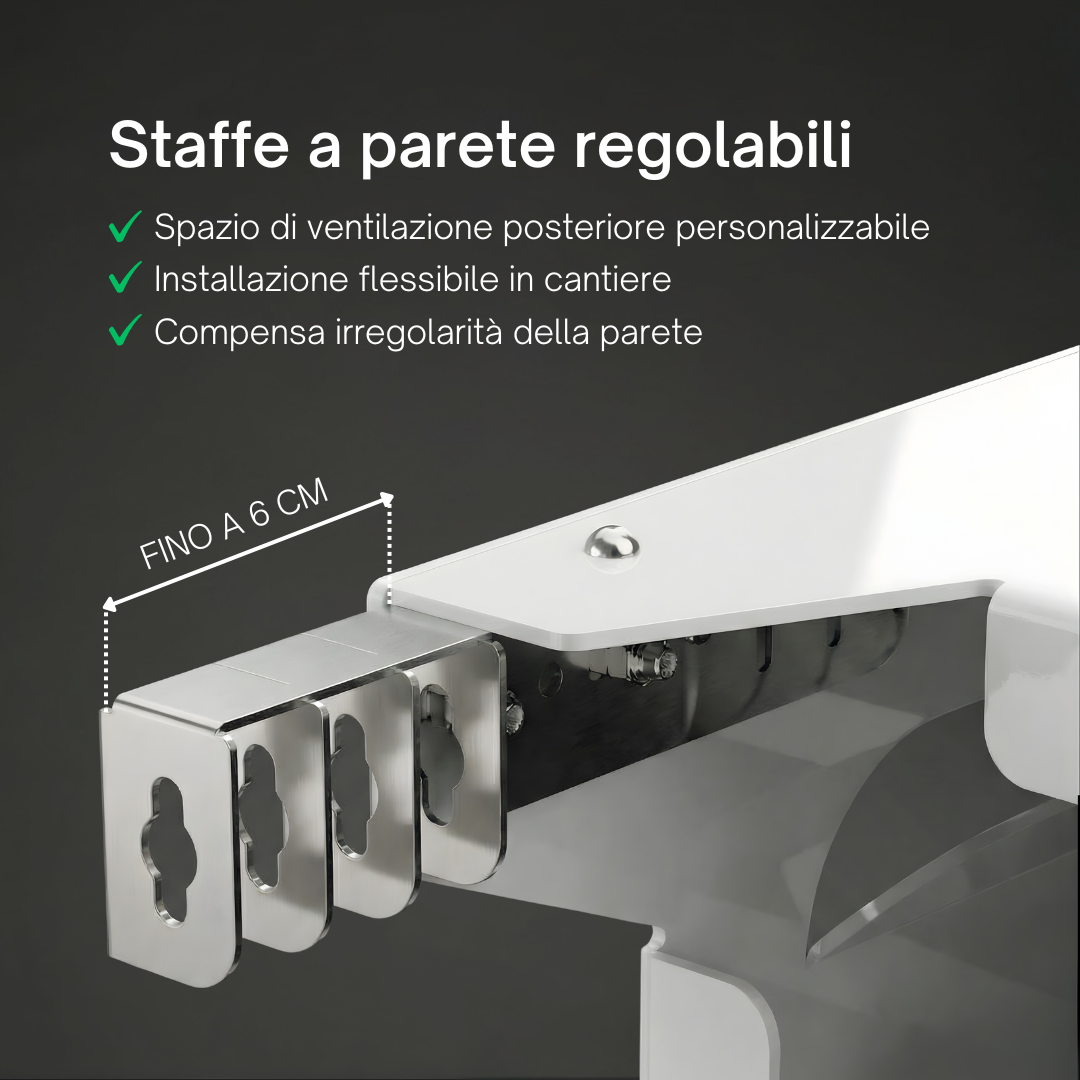 Adjustable wall mounts for the Box Air Klima Blade cover in white, with up to 6 cm rear adjustment for optimized ventilation and installation flexibility.
