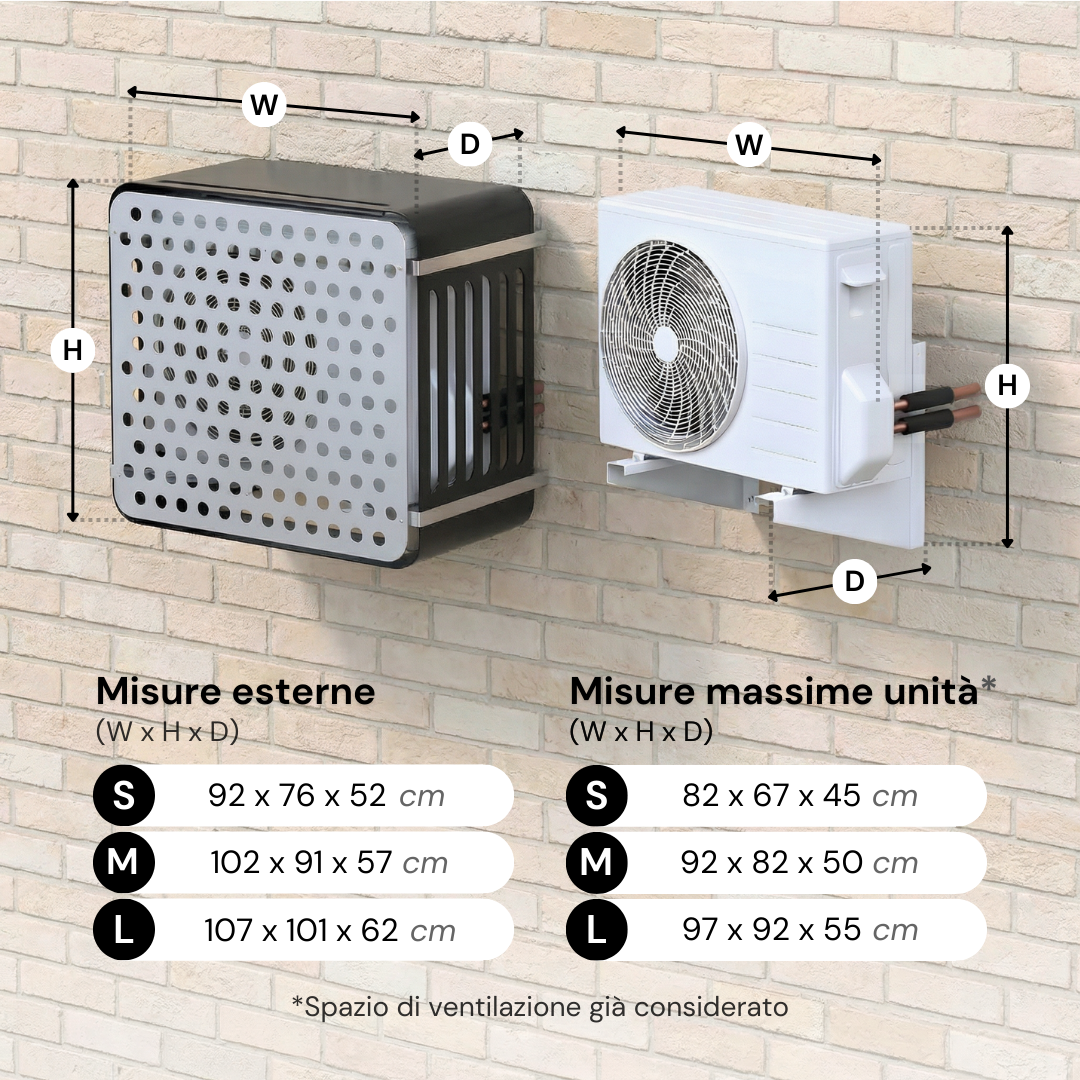 Misure esterne e misure massime dell’unità per la copertura HiFi Box Air Klima per condizionatori e pompe di calore, con spazio di ventilazione incluso.