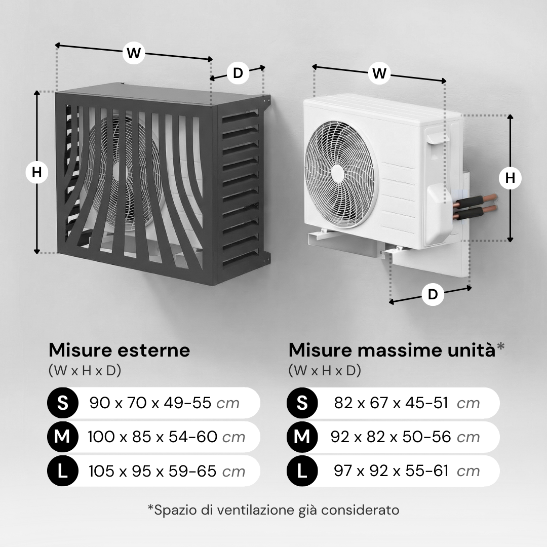 External and maximum unit dimensions of the Box Air Klima Provence white cover for outdoor air conditioners and heat pumps, with ventilation clearance considered.