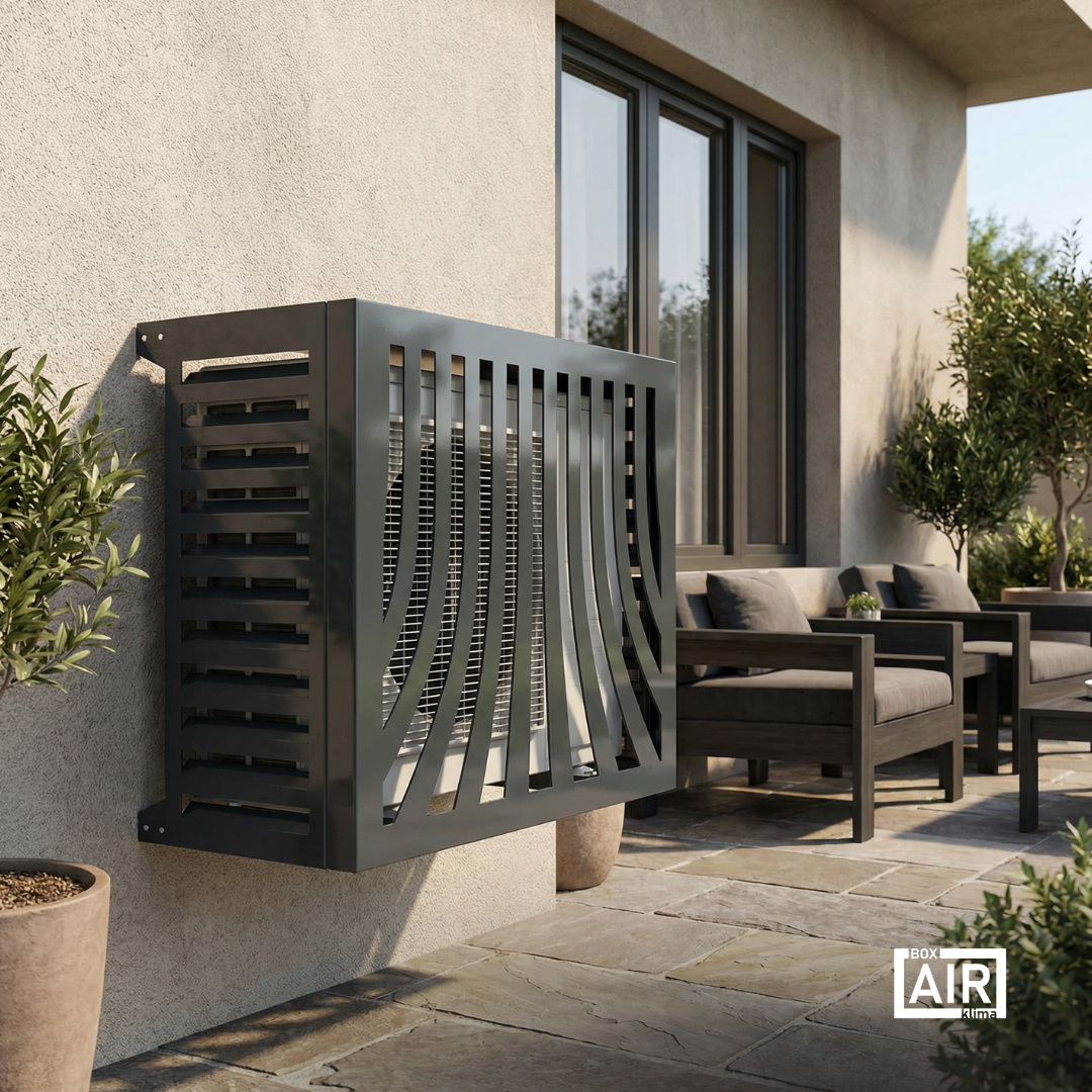 Cache clim extérieur Provence anthracite Box Air Klima pour unités extérieures et pompes à chaleur, protection durable e integrazione architettonica.