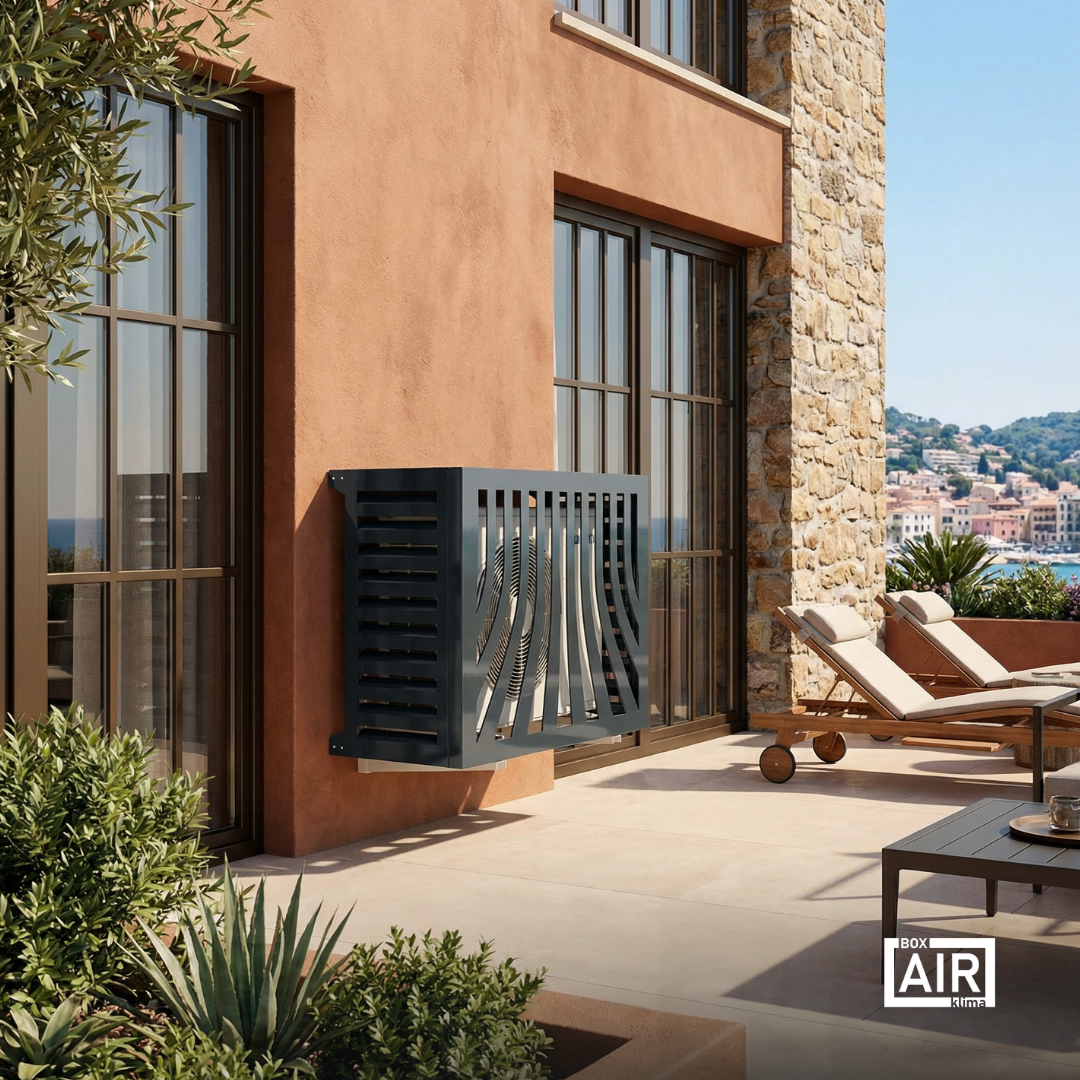 Box Air Klima Provence anthracite outdoor cover designed to preserve efficiency and ensure proper airflow around HVAC systems.