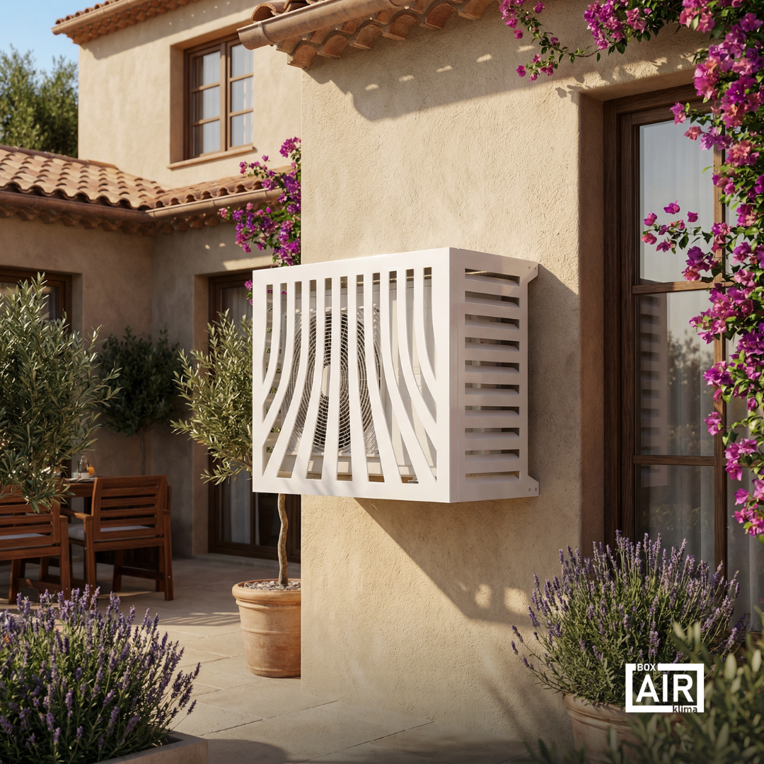 White Provence outdoor HVAC cover by Box Air Klima to reduce visual impact and improve architectural harmony in residential spaces.