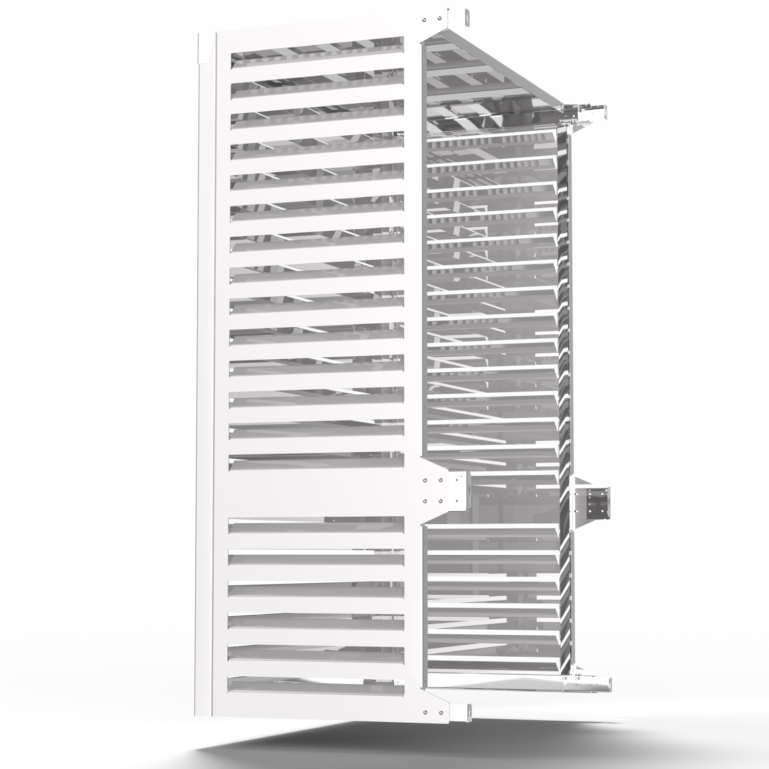 Rückansicht Big Blade VXL Weiß – vollständig abgedeckt mit Belüftungsschlitzen für maximale Effizienz. in Verbindung mit Mitsubishi PUHZ-SHW140 für beste Ergebnisse.