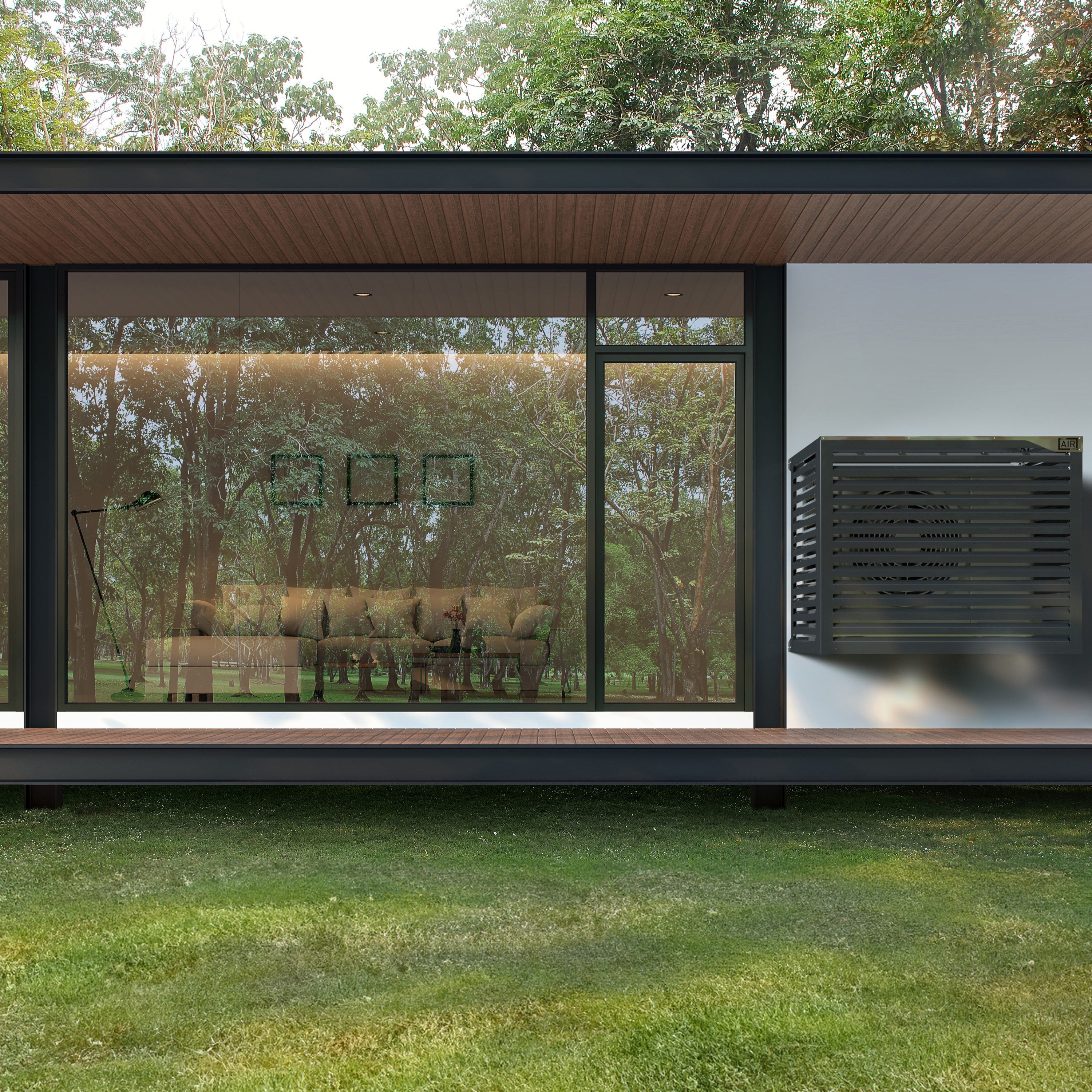XXL anthracite cover installed on modern forest villa – wood, glass and metal elements for seamless design integration. enhanced performance with Bosch C6000AW 11 OR-S.