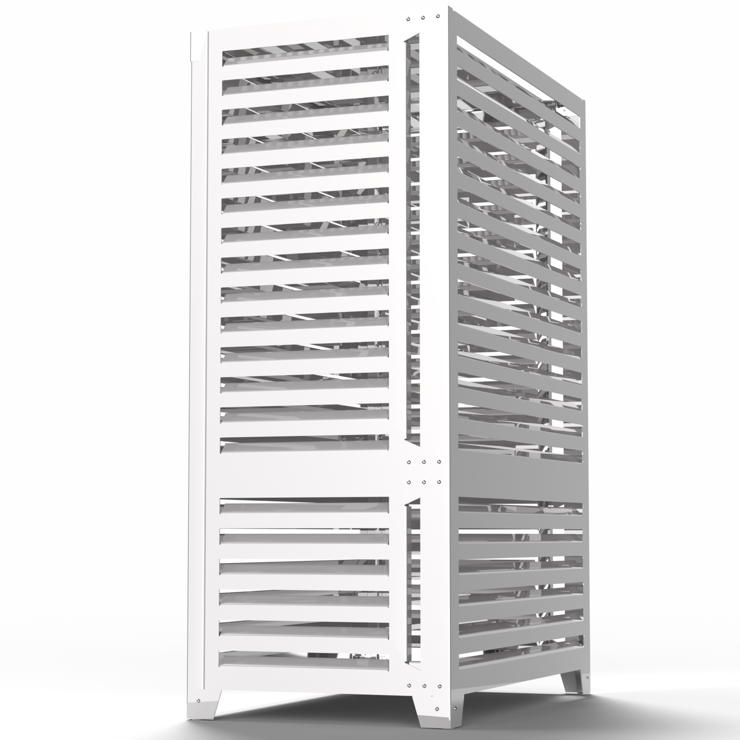 Cache pompe à chaleur VXL blanc – structure résistante, ventilation naturelle et esthétique architecturale. développé avec PANASONIC CU-TZ50ZKE pour des résultats supérieurs.