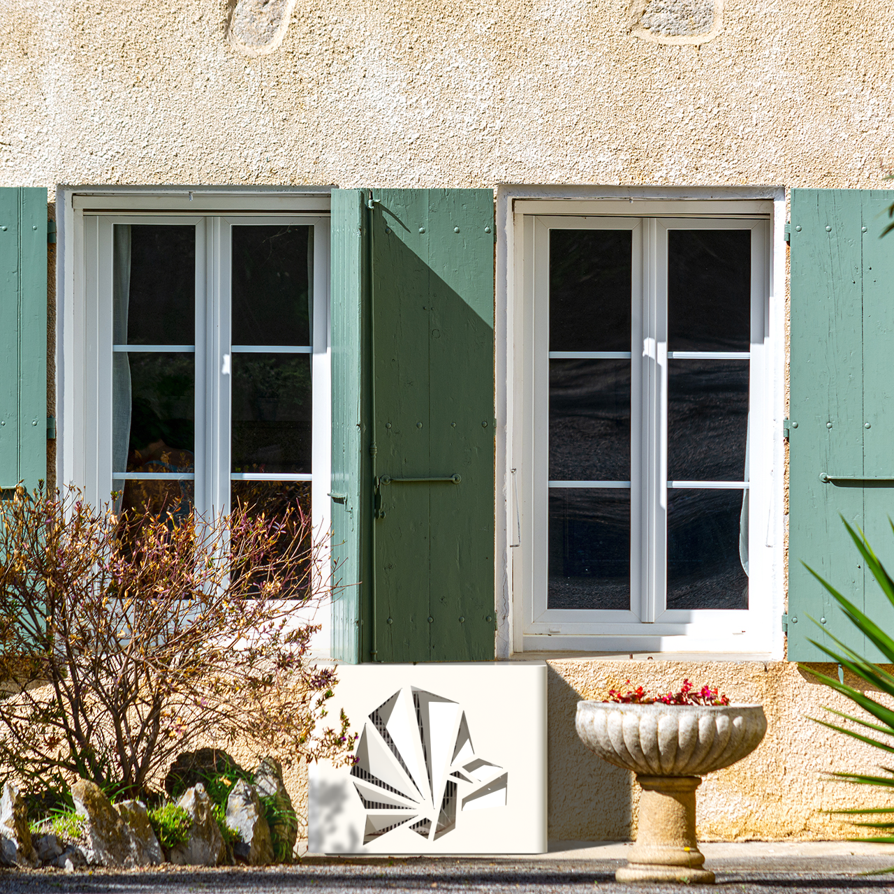 Artistic and protective outdoor AC cover – Bird white placed at wall base of antique villa. Protection installed on Panasonic Aquarea, ideal for withstanding weather and blending into the outdoor environment.