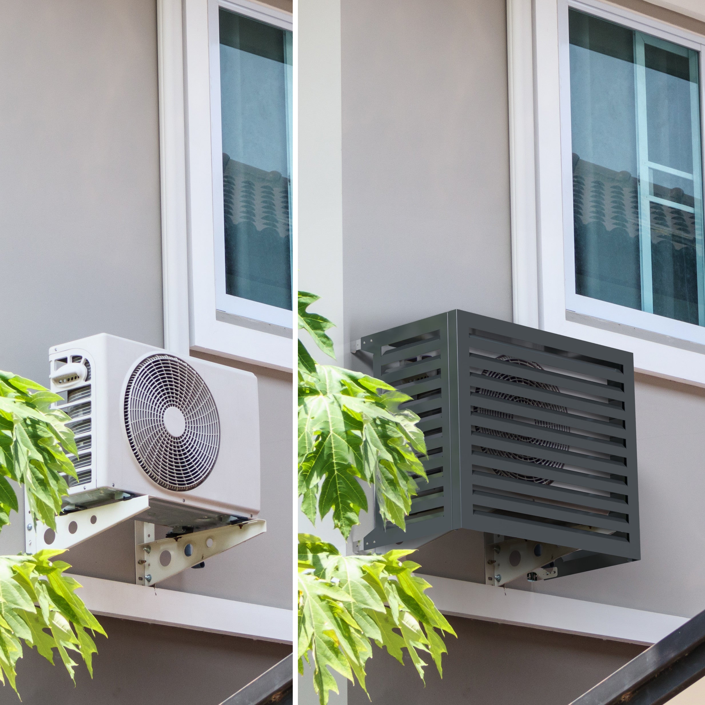 Prima e dopo installazione copertura condizionatore esterno antracite su muro di casa elegante.  Montata su Fujitsu ASY, la copertura offre una soluzione ordinata e resistente per contesti domestici e professionali.