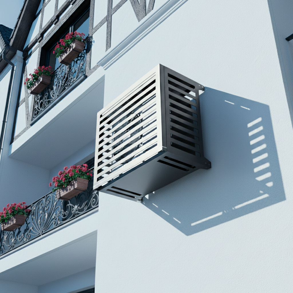 Klimaanlagenabdeckung Box Air Klima an der Wand montiert mit Befestigungsset. Modernes Metalldesign an Fassade mit Blumenbalkonen