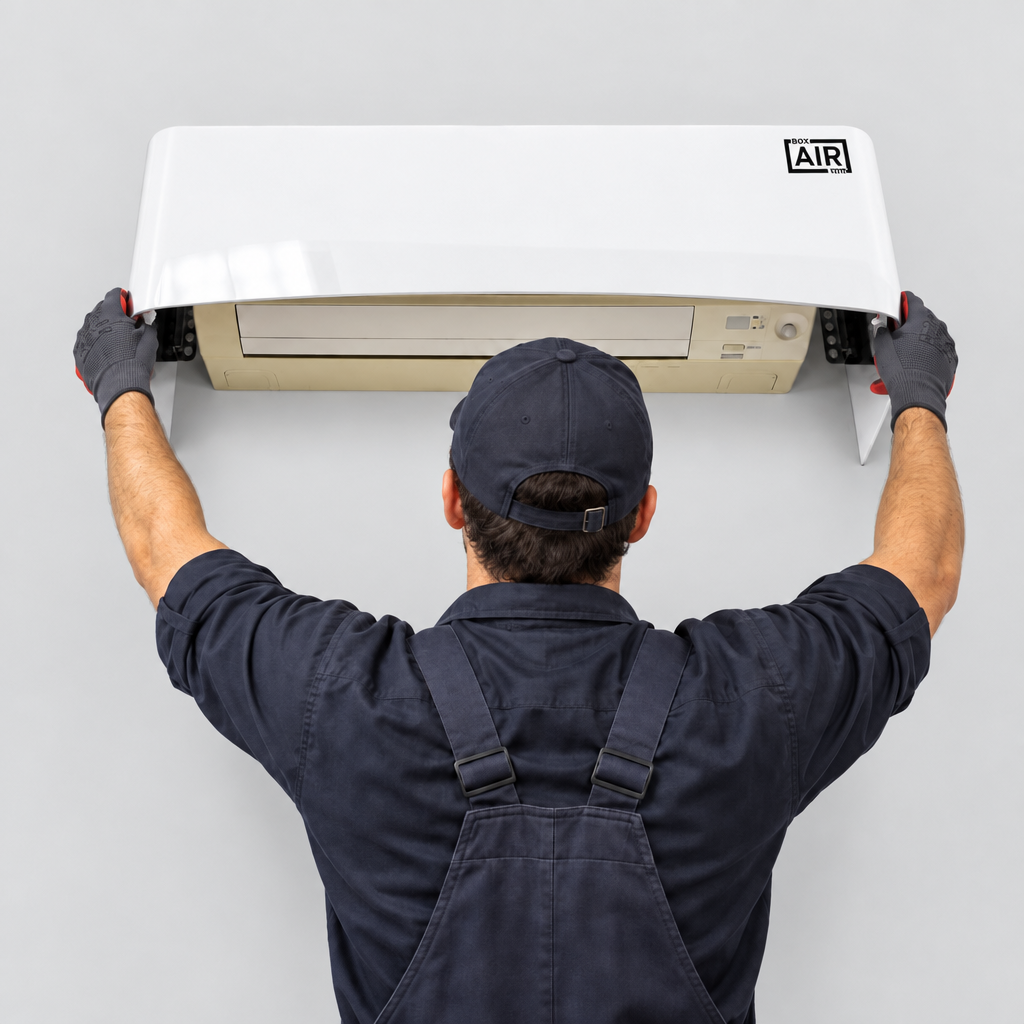 Clio blanc installé, habillage harmonieux pour unité intérieure de climatisation