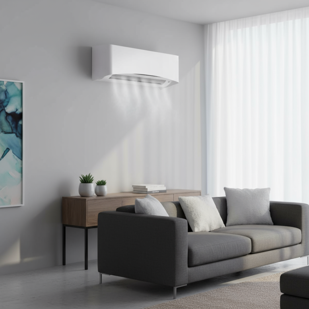 Clio copertura elegante per split interno bianco installato in soggiorno moderno, ideale per integrare il climatizzatore nell’arredo