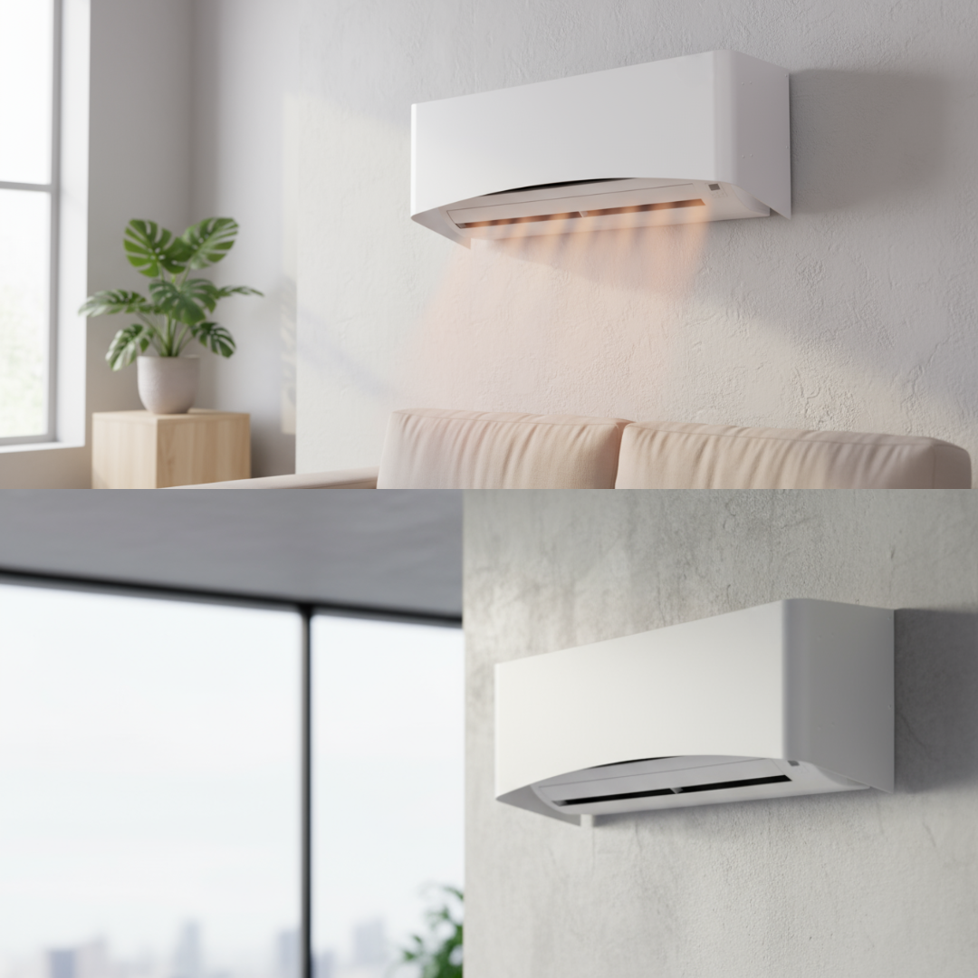 Clio Abdeckung für Klimagerät im Heizmodus, modern und elegant für Wohn- oder Arbeitsräume