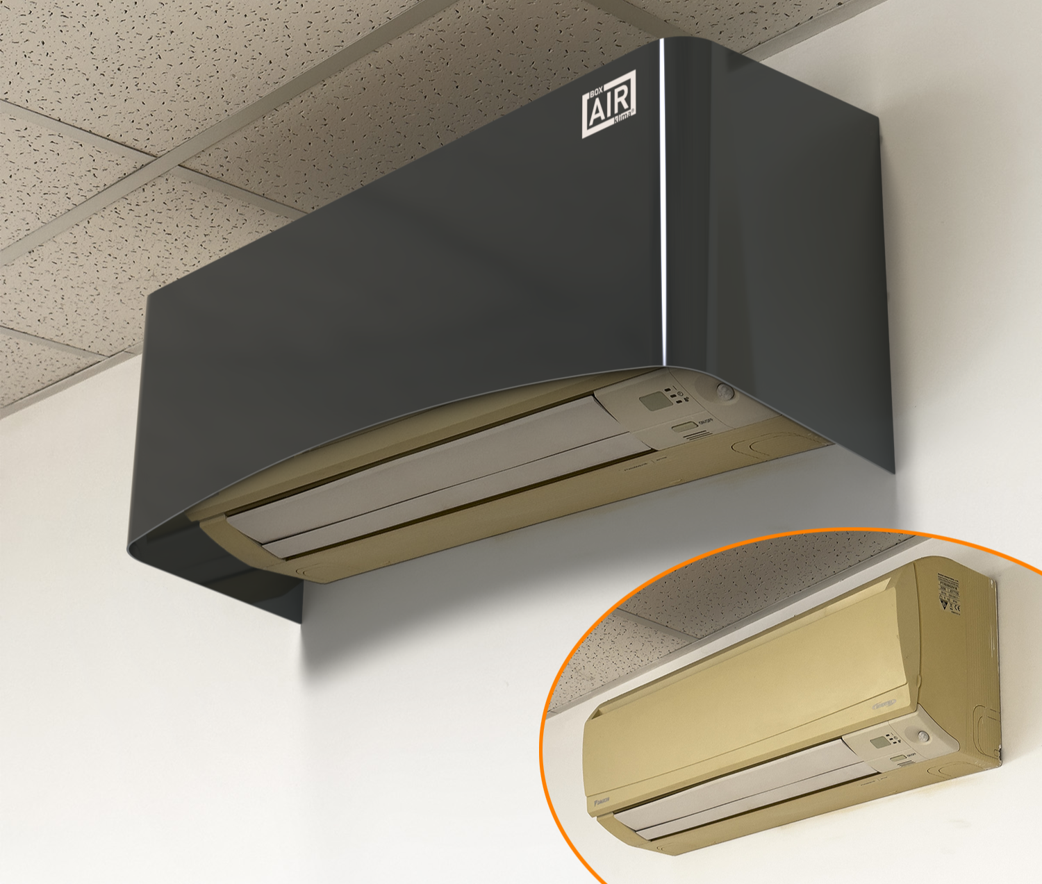 Avant‑après installation bureau – cache split anthracite Clio modernise une unité jaunie. Compatible avec l’unité intérieure de climatisation split Panasonic CU-TZ71ZKE.