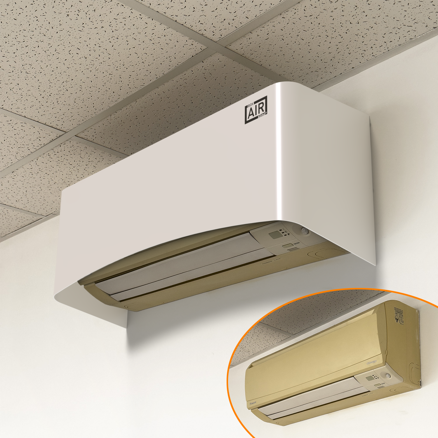 Before and after office installation – Clio white cover restores modern look over yellowed split unit. Compatible with Argo Clima AEI1G90 indoor split air conditioning unit.