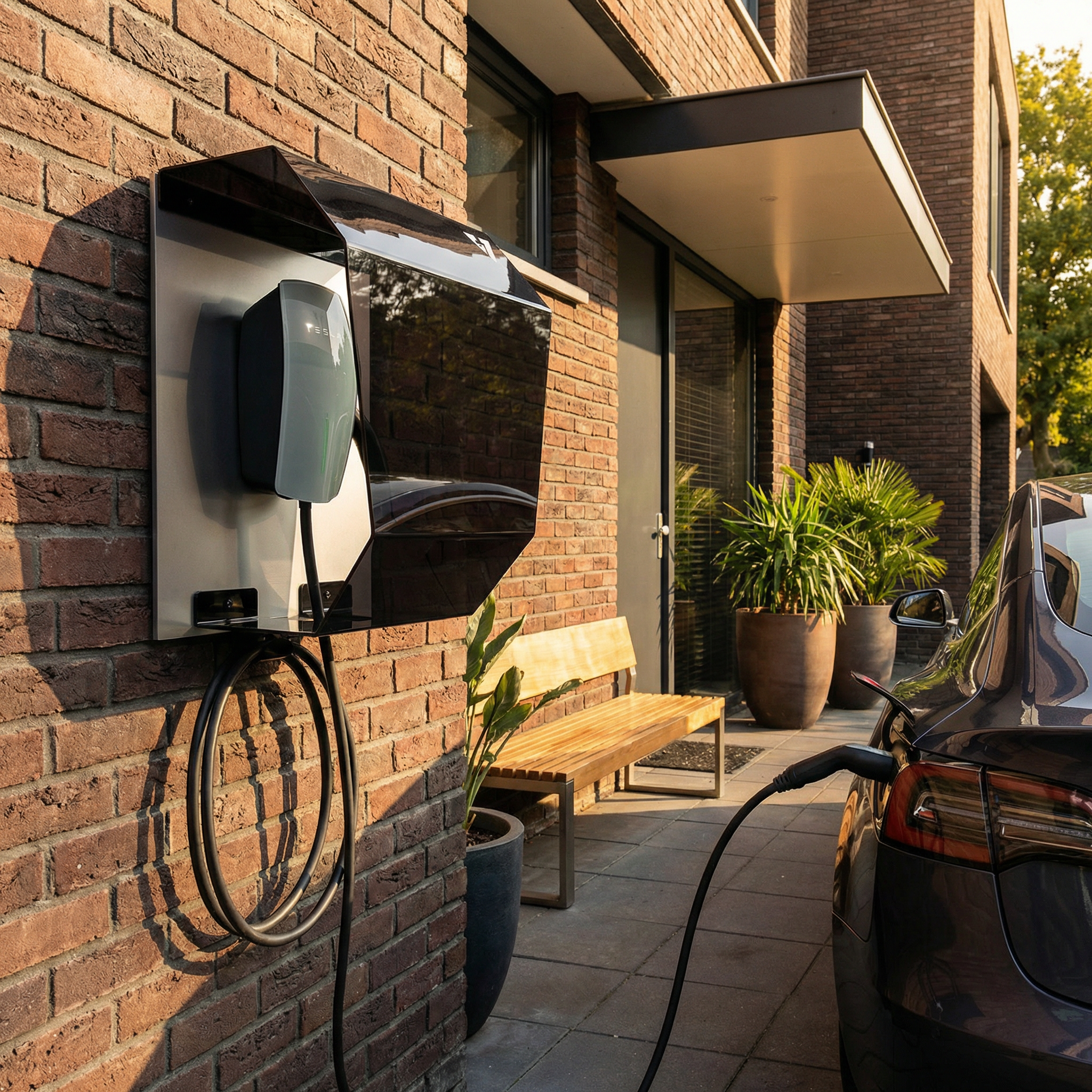 Crystal Shell VoltaCover installata a parete con wallbox e auto elettrica