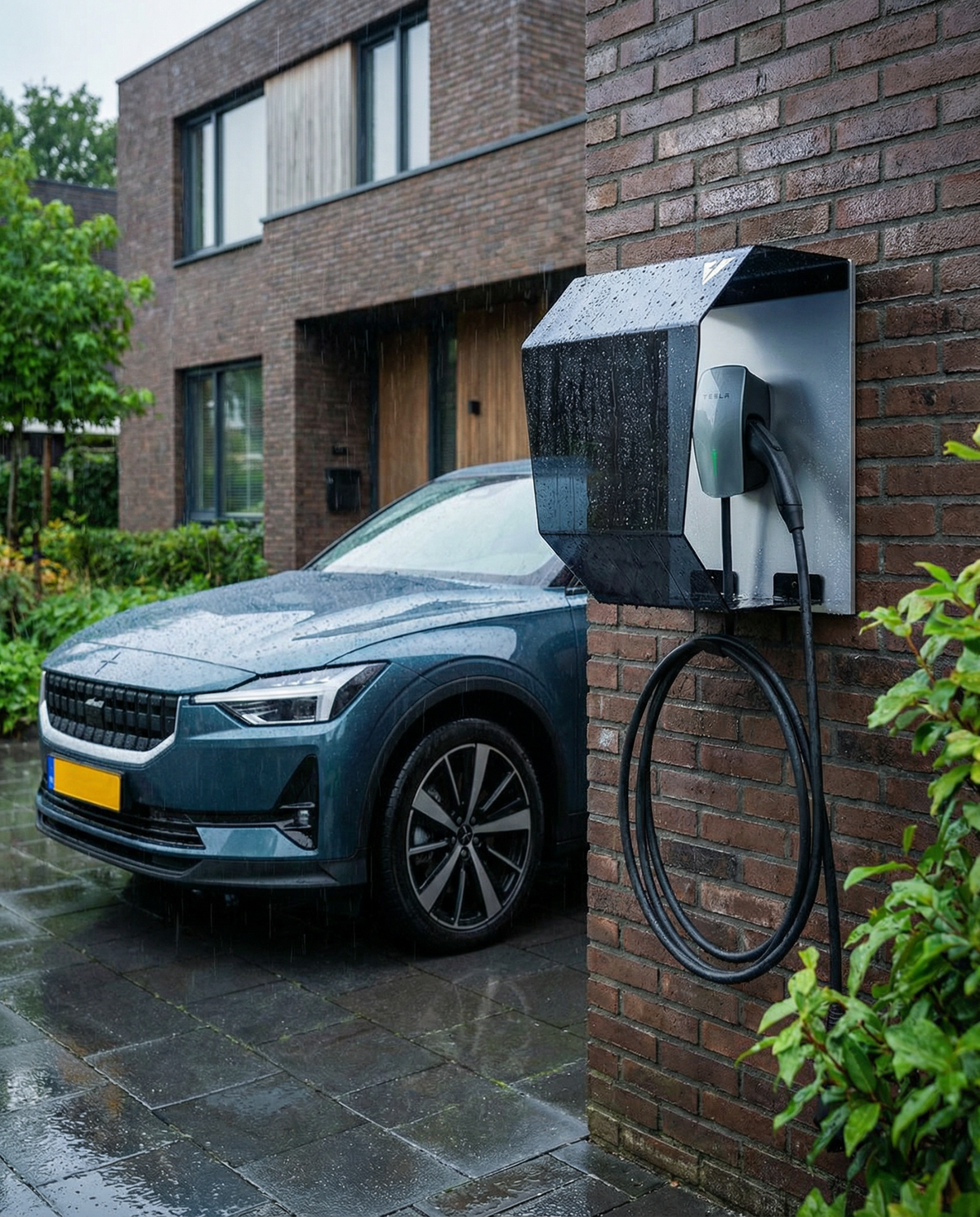 Crystal Shell VoltaCover installata all'esterno con wallbox sotto la pioggia