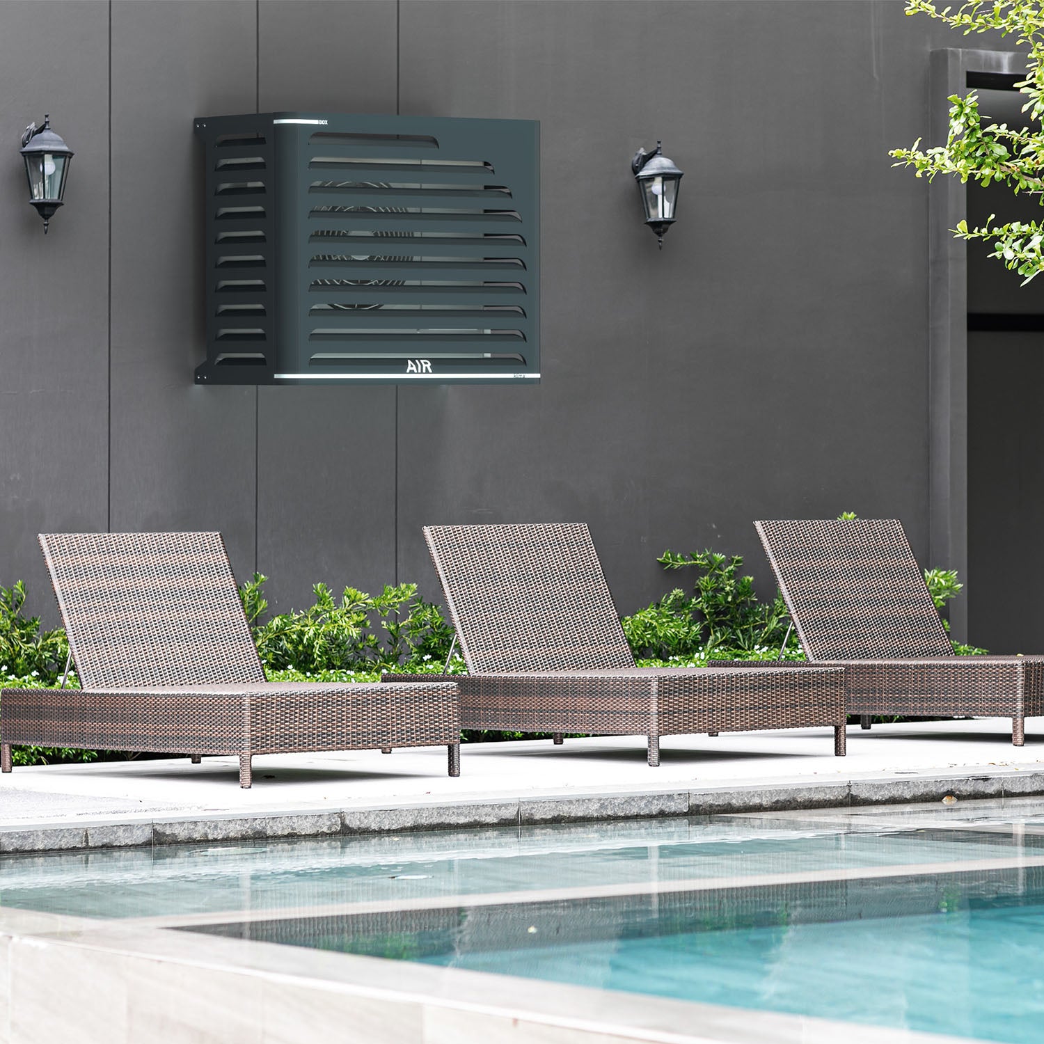Decorative and protective outdoor AC cover – Curve anthracite installed on modern private pool wall.  Installed on Mitsubishi Electric MXZ, the ideal solution to enhance and protect multi-split heat pumps.