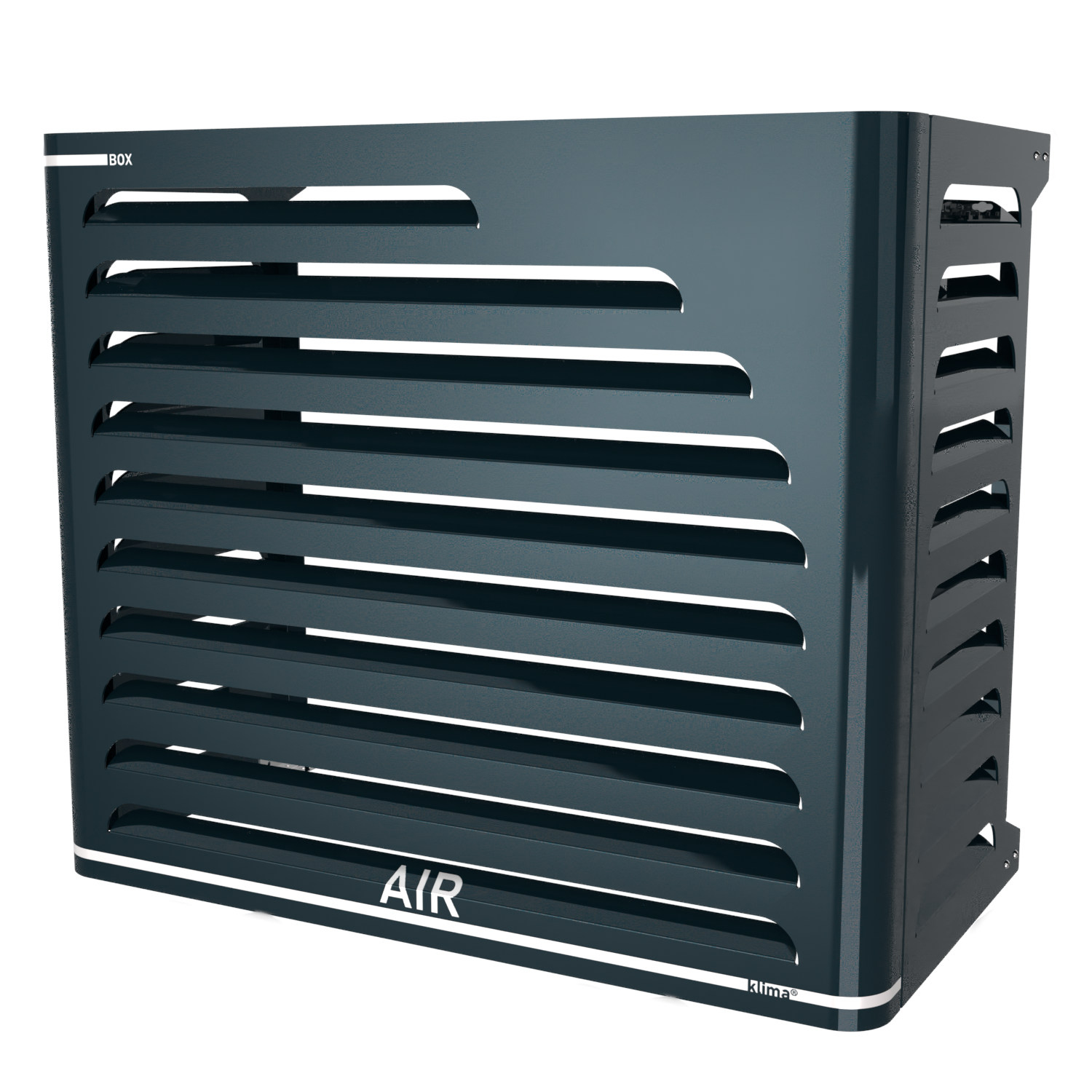 Copertura per condizionatore esterno decorativa e protettiva – modello Curve antracite vista frontale. Copertura installata su Daikin Perfera, una delle unità esterne più diffuse in Europa, per una protezione estetica ed efficace.