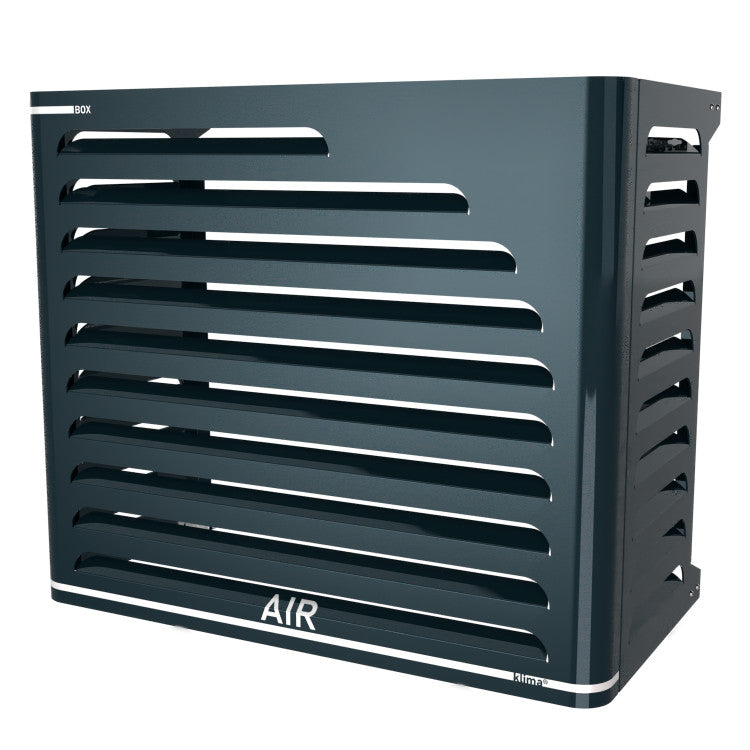 Cache clim décoratif extérieur – modèle Curve anthracite, vue frontale. Cache installé sur Daikin Perfera, l’une des unités extérieures les plus répandues en Europe, pour une protection élégante et efficace.
