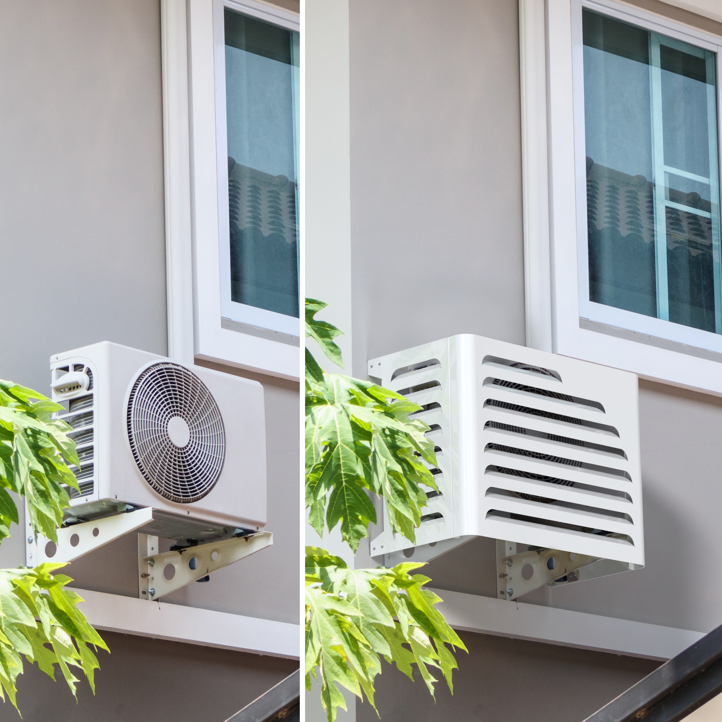 Copertura per condizionatore esterno decorativa e protettiva – modello Curve antracite prima e dopo installazione su parete di casa elegante. Montata su Fujitsu ASY, la copertura offre una soluzione ordinata e resistente per contesti domestici e professionali.
