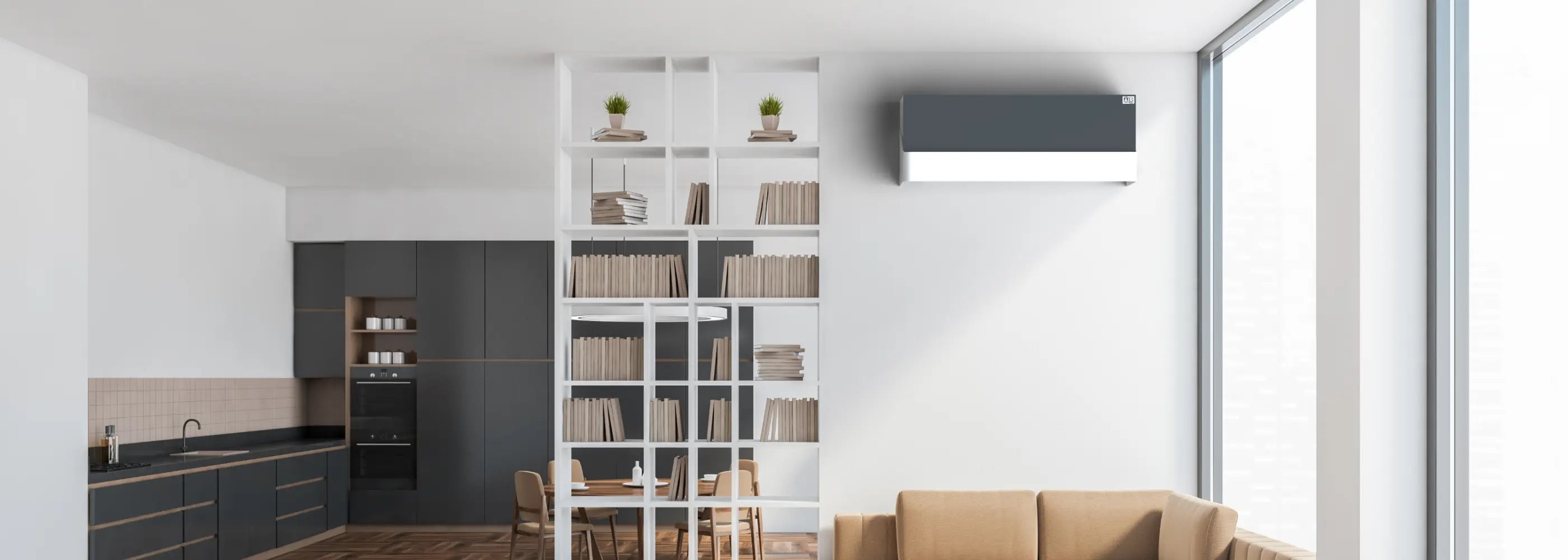 Design-Abdeckung für Daikin Stylish Splitgerät im Wohnzimmer, ideal zum stilvollen Verbergen der Klimaanlage