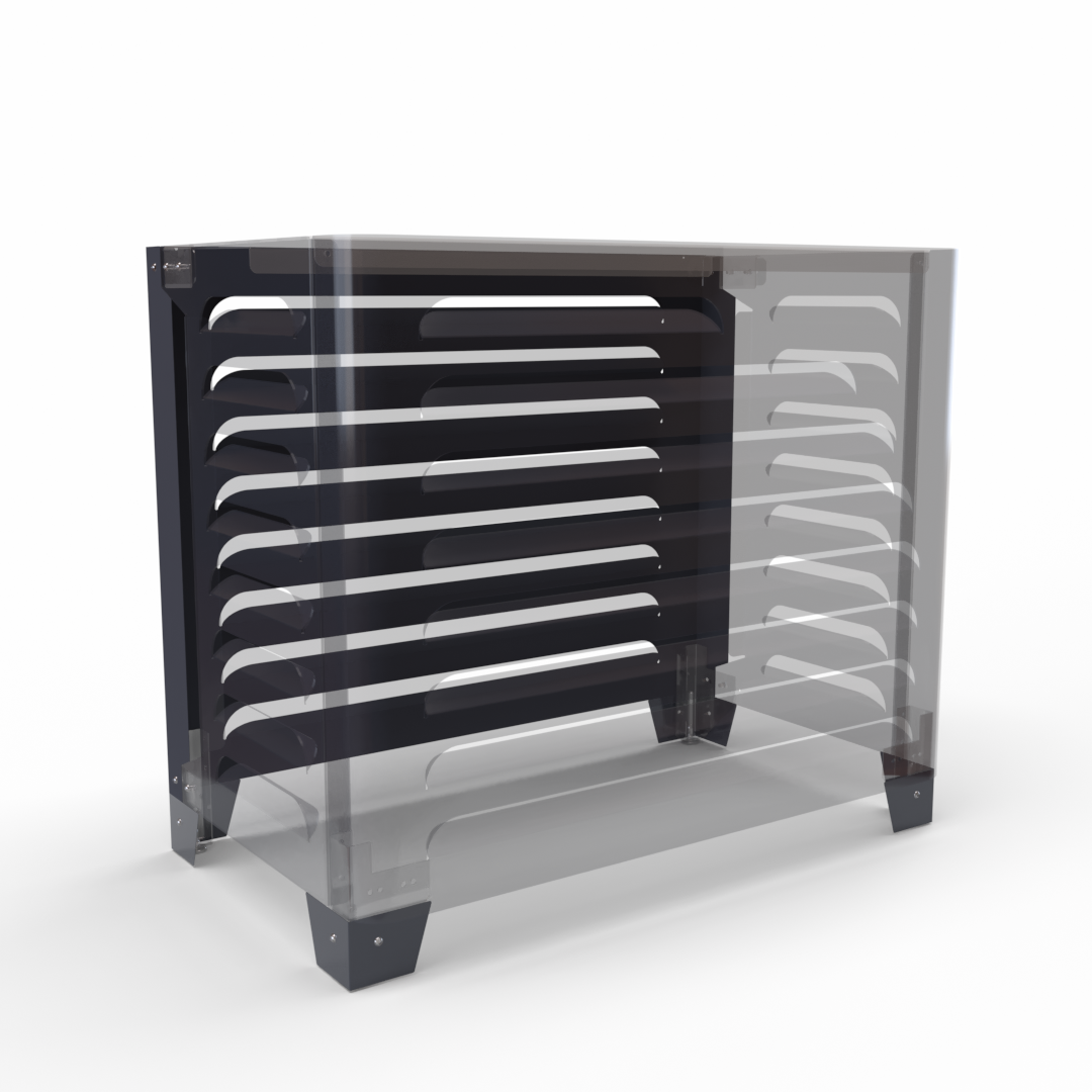 Vista montaggio del kit per installazione a terra indipendente su Curve antracite, con copertura illustrata in trasparenza. Indicato per creare postazioni di climatizzazione autoportanti eleganti.