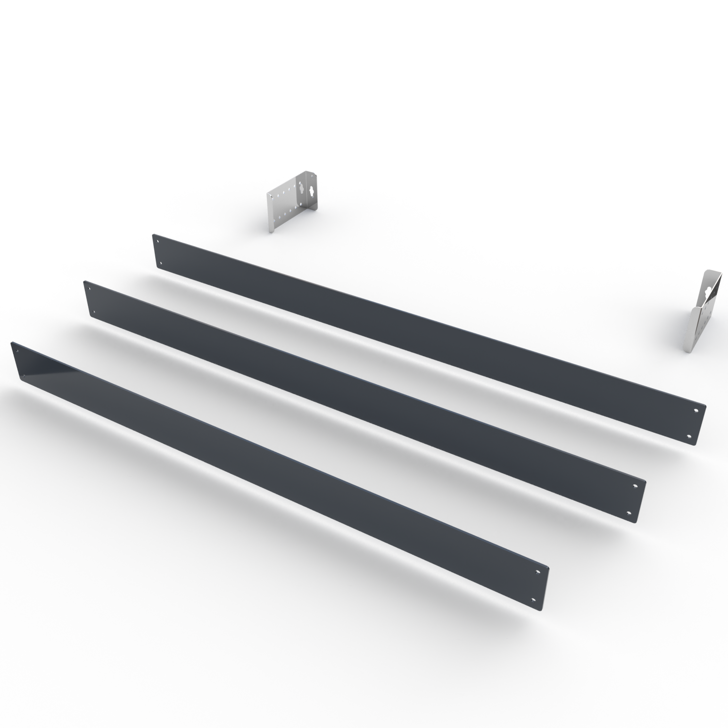 Vista tecnica dettagliata del kit per installazione verticale di due coperture per climatizzatori e pompe di calore. Include staffe in acciaio inox, distanziali, viti e supporti per montaggio sicuro e ordinato.