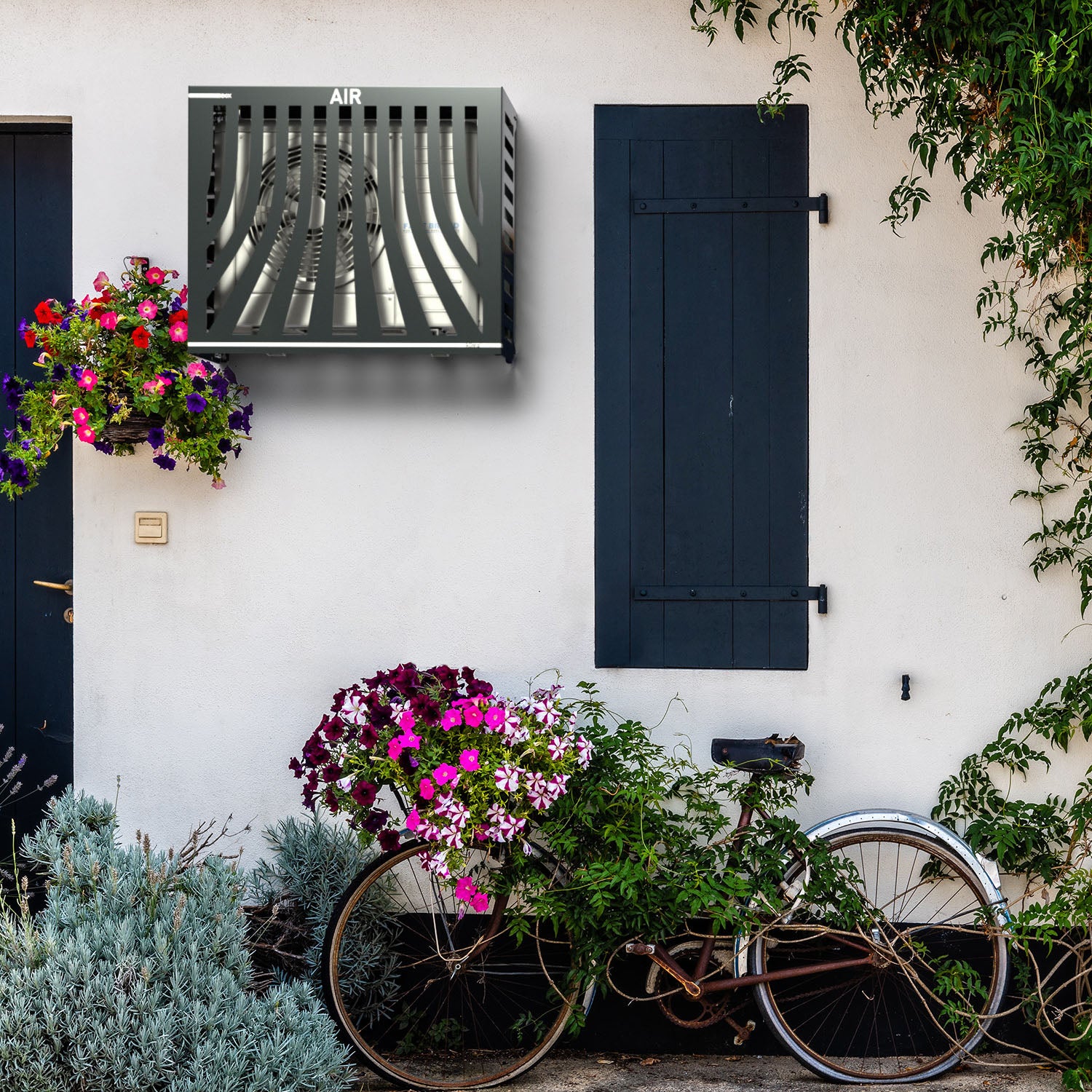 Romantic and protective outdoor AC cover – Provence anthracite installed on countryside cottage wall with flowers and bicycle. Cover on Samsung Wind-Free, compatible protection for the most advanced energy-saving units.