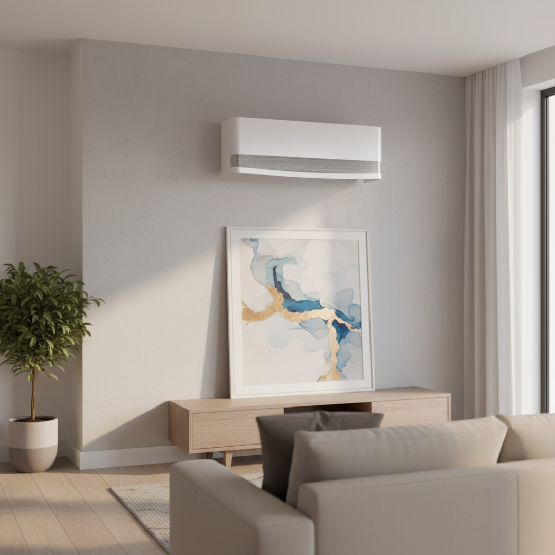 Copertura per split interno Talia in bianco, installata in soggiorno moderno con decorazioni artistiche e arredamento di design.