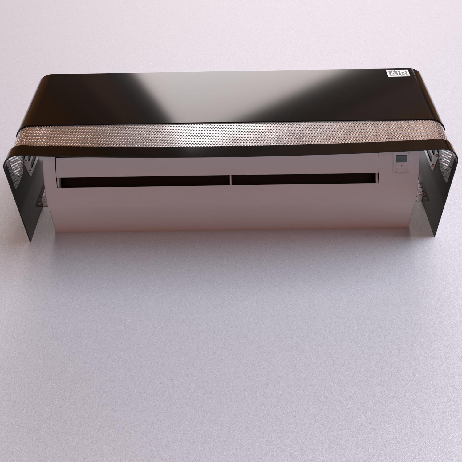 Untere Perspektive – schwarze Talia Abdeckung, ideal für minimalistische Räume. Kompatibel mit dem Split-Klimagerät Innenmodul Mitsubishi PUHZ-SHW140.