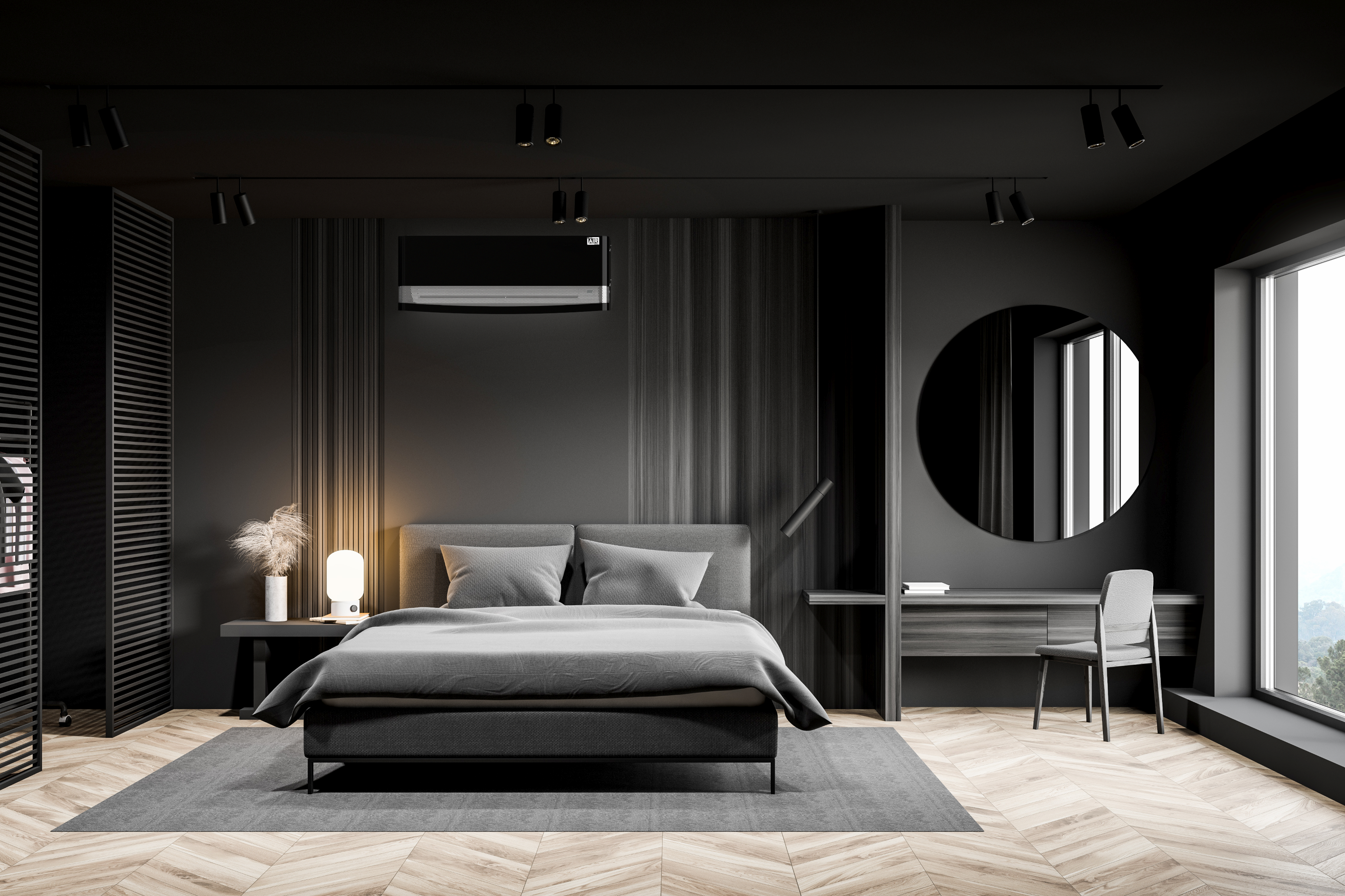 Stylish black AC cover – Talia used in luxury dark hotel suite, modern and discreet. Compatible with Fujitsu AOYG24LAT4 indoor split air conditioning unit.