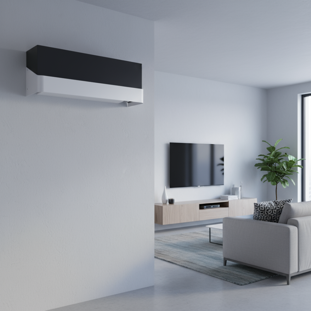 Tersicore black and white AC cover installed in a modern living room with wall-mounted TV and minimalist decor