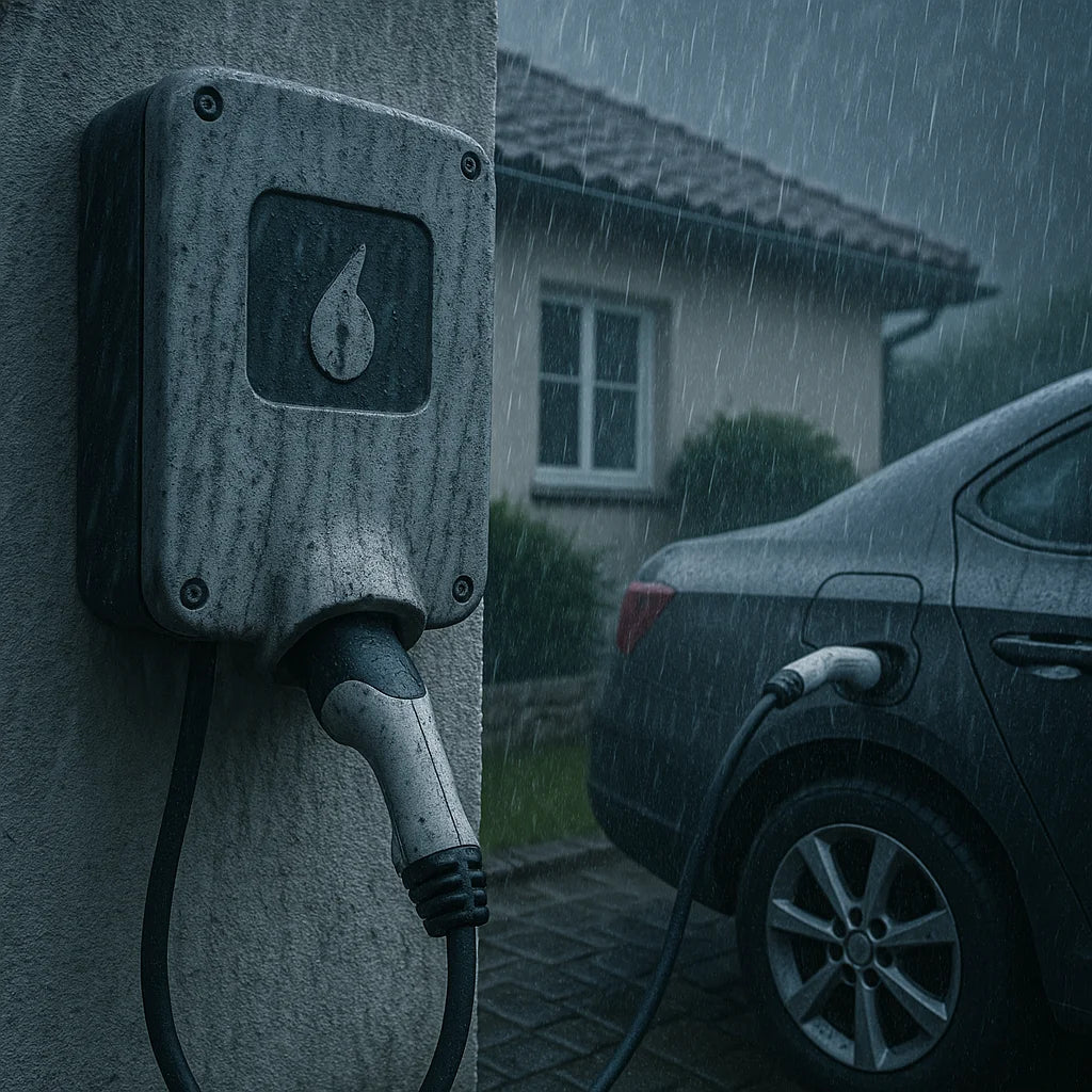 Electric car charger exposed to heavy rain without cover, risk of corrosion and internal damage to wallbox system over time