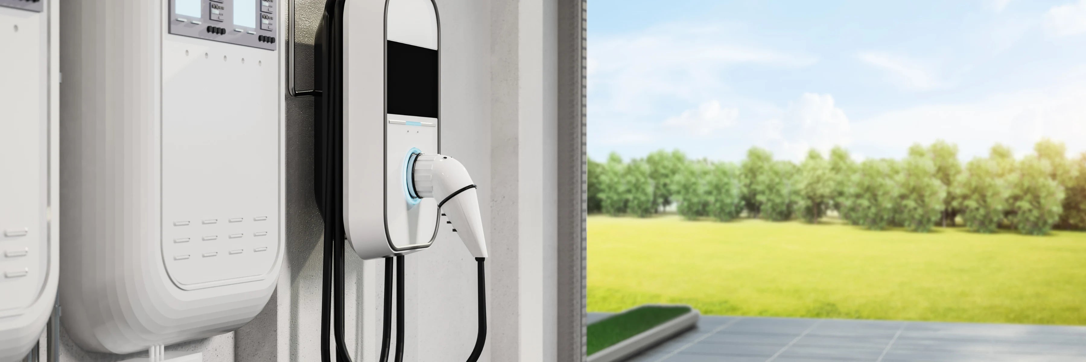Firmen-Wallbox an Wand montiert mit ordentlichem Technikgehäuse, ideale Lösung für sichere EV-Ladung im Geschäftsumfeld