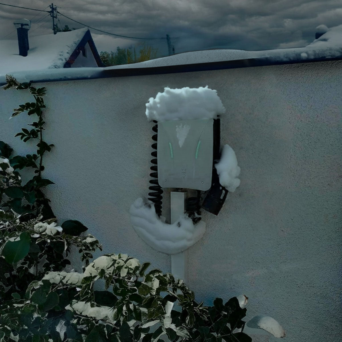 Wallbox non protégée sous la neige, sans boîtier extérieur, risque de dommages hivernaux, humidité et pannes de recharge de voiture électrique