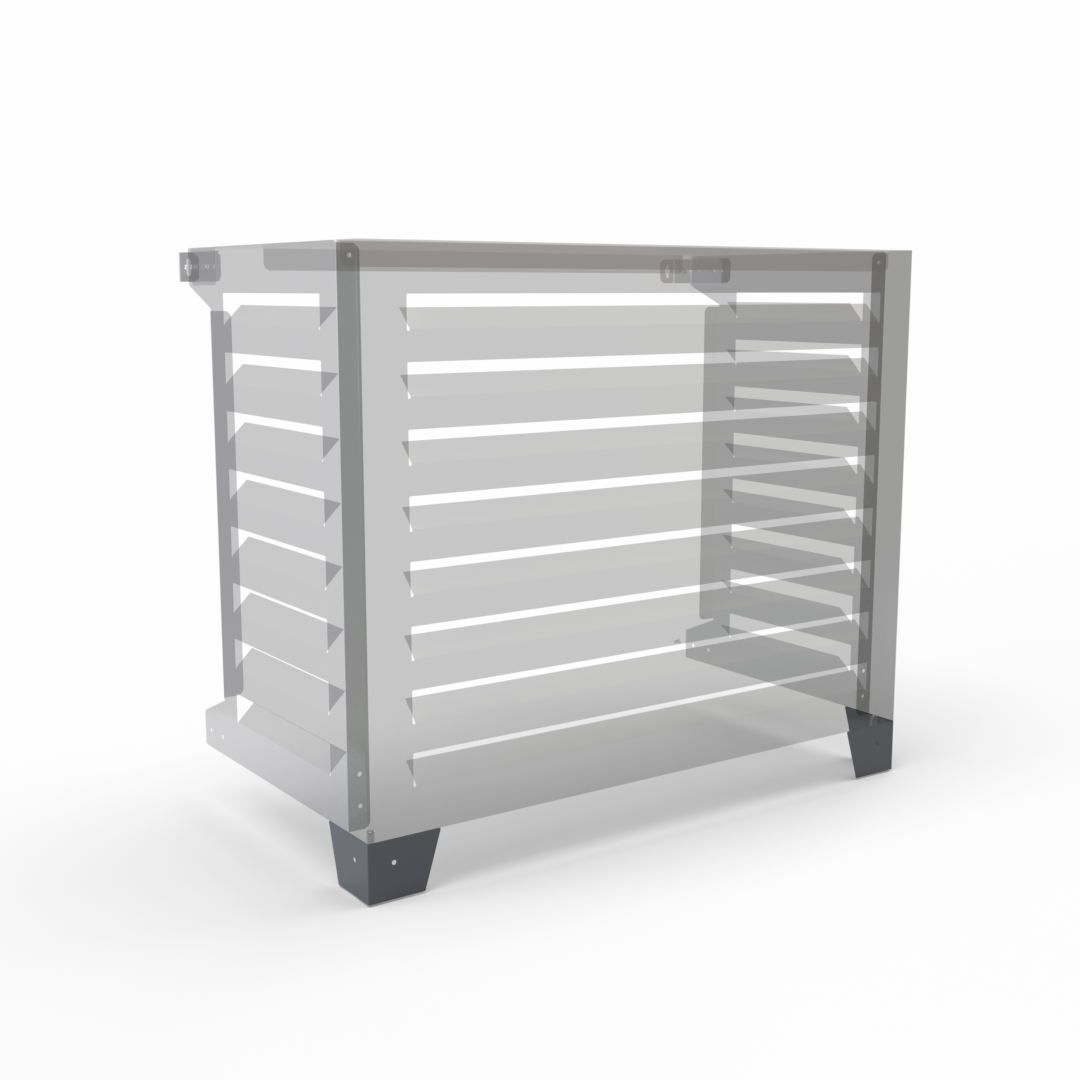 Montierte antrazitfarbene Bodenstützen des Kits mit transparenter Blade-Abdeckung – zeigt die Wand-Boden-Kombinationslösung für stabile und elegante Klimaanlageninstallationen.